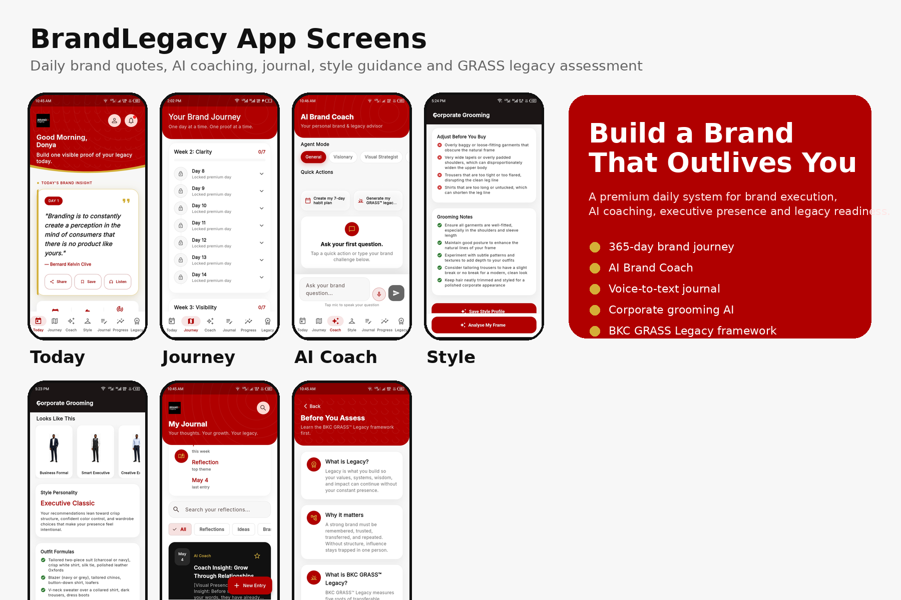 BrandLegacy app screens mockup